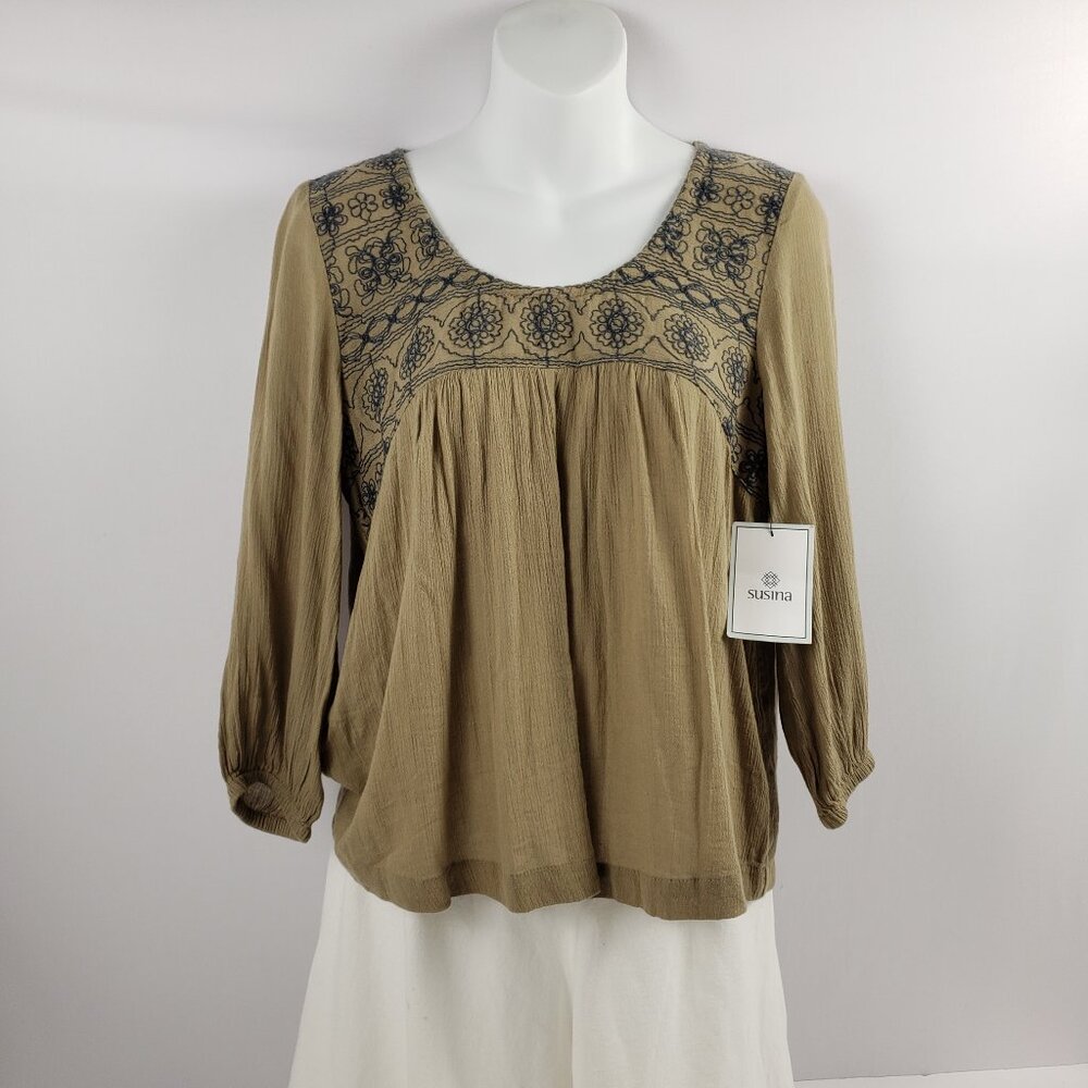 Susina XXSP Blouse Olive Green Womens Embroidery Petite Bohemian